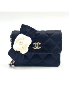 Chanel Quilted Camellia Ribbon Leather Satin Fabric Black White Minishoulder